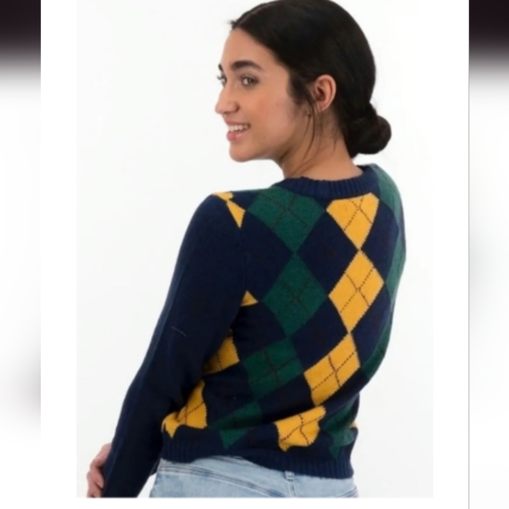 Anerican Eagle navy blue green Marigold yellow argyle crewneck sweater‎ size S